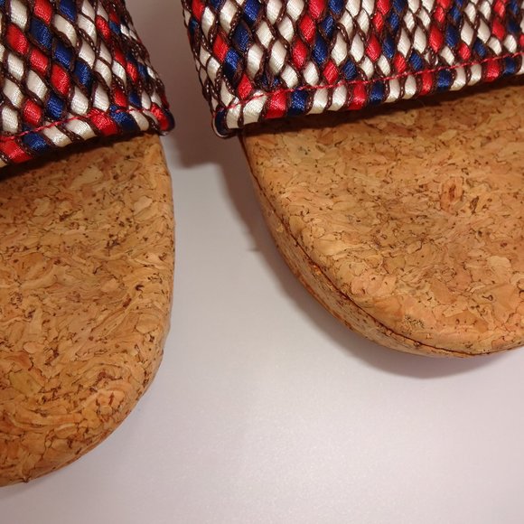 Womens 10M 10 Lucky Brand White Blue Red Slip On Platform Shoes Sandals Cork - Picture 8 of 9